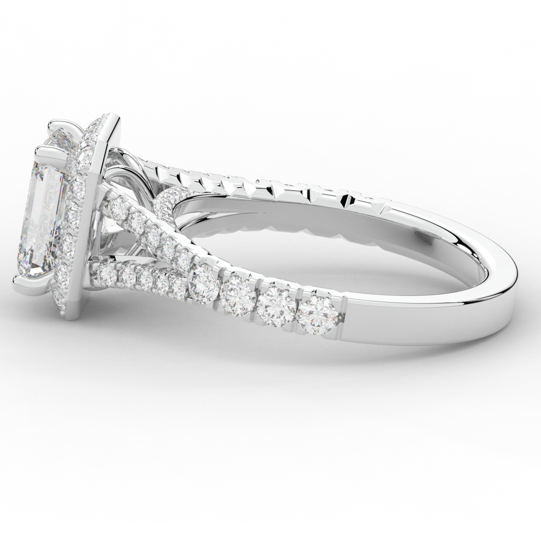 2.60CT.TW EMERALD CUT LAB DIAMOND SPLIT SHANK HALO ENGAGEMENT RING - Nazarelle
