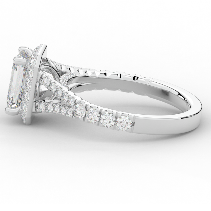 2.60CT.TW EMERALD CUT LAB DIAMOND SPLIT SHANK HALO ENGAGEMENT RING - Nazarelle