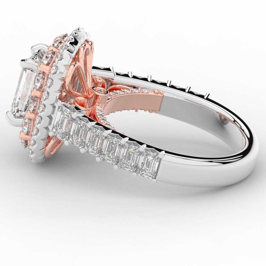4.70CT.TW EMERALD CUT LAB DIAMOND DOUBLE HALO TWO TONE ENGAGEMENT RING - Nazarelle