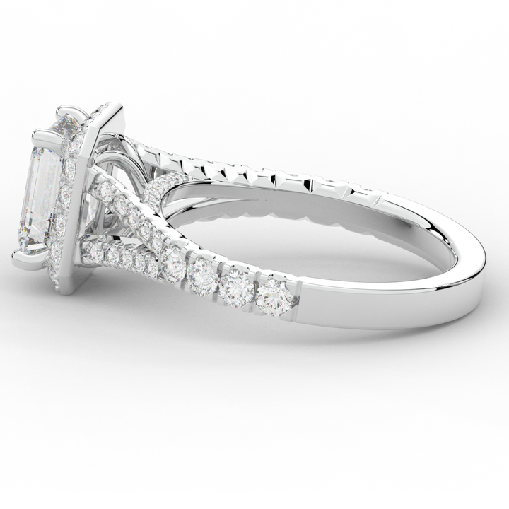 2.60CT.TW EMERALD CUT LAB DIAMOND SPLIT SHANK HALO ENGAGEMENT RING - Nazarelle