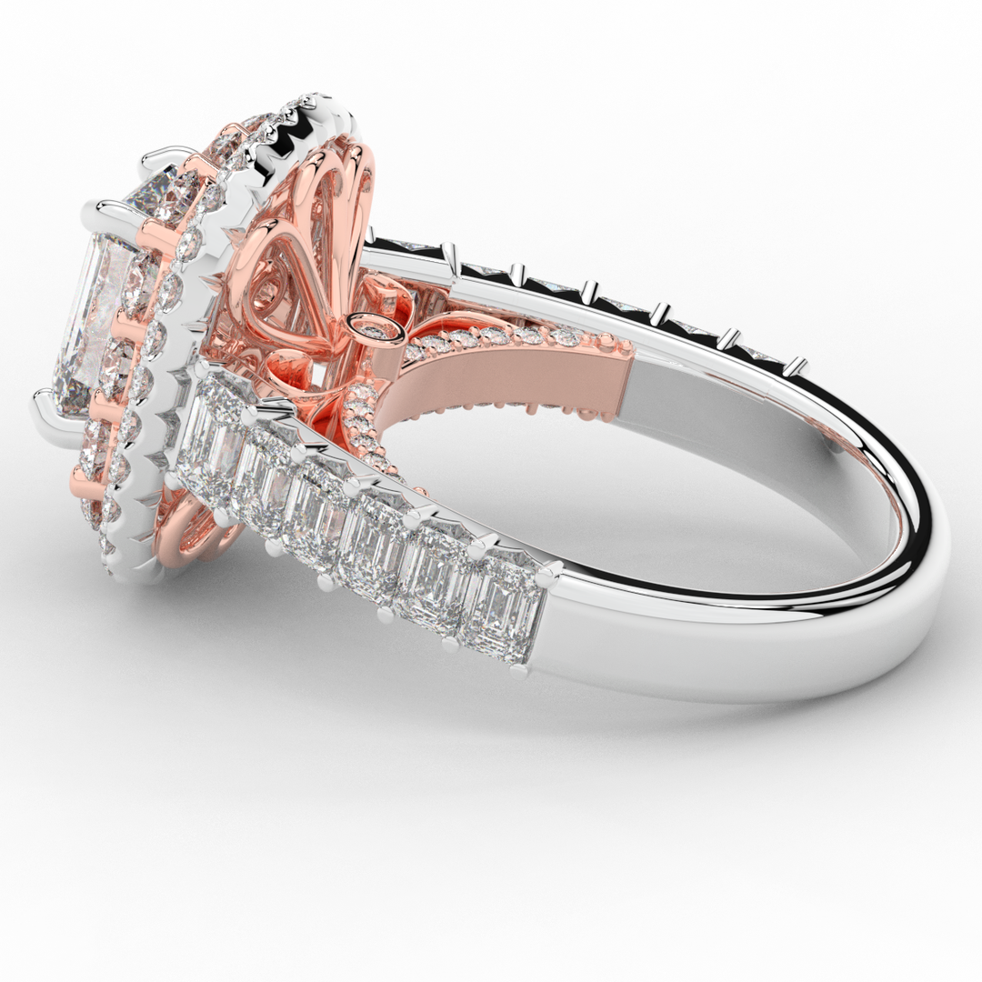 4.70CT.TW EMERALD CUT LAB DIAMOND DOUBLE HALO TWO TONE ENGAGEMENT RING - Nazarelle