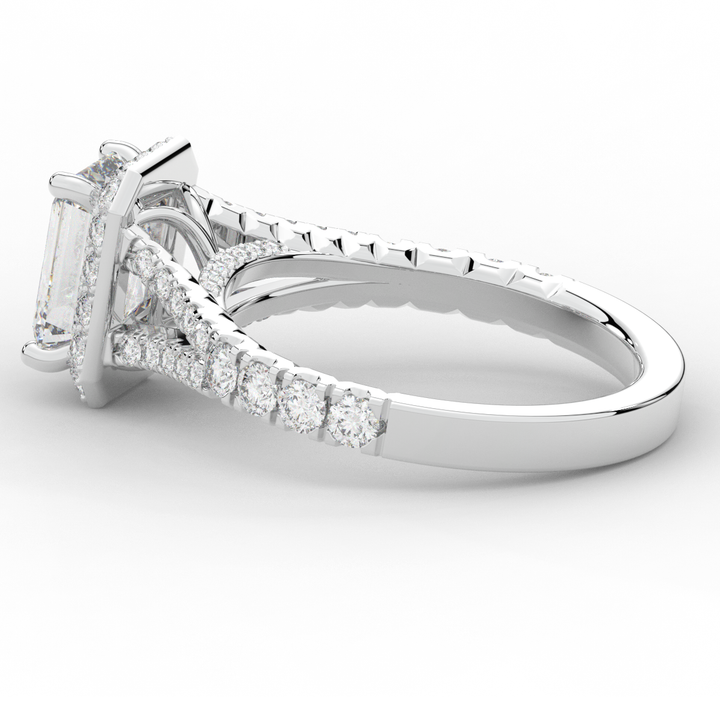 2.60CT.TW EMERALD CUT LAB DIAMOND SPLIT SHANK HALO ENGAGEMENT RING - Nazarelle