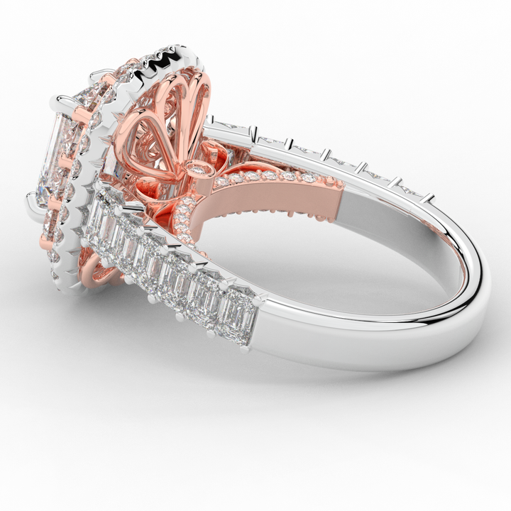 4.70CT.TW EMERALD CUT LAB DIAMOND DOUBLE HALO TWO TONE ENGAGEMENT RING - Nazarelle