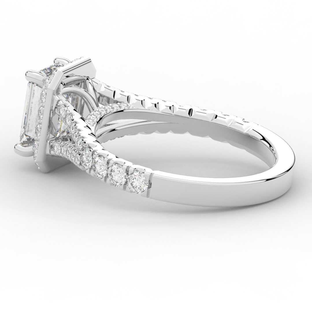 2.60CT.TW EMERALD CUT LAB DIAMOND SPLIT SHANK HALO ENGAGEMENT RING - Nazarelle