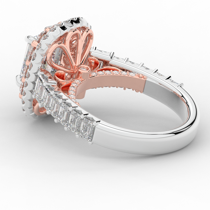 4.70CT.TW EMERALD CUT LAB DIAMOND DOUBLE HALO TWO TONE ENGAGEMENT RING - Nazarelle