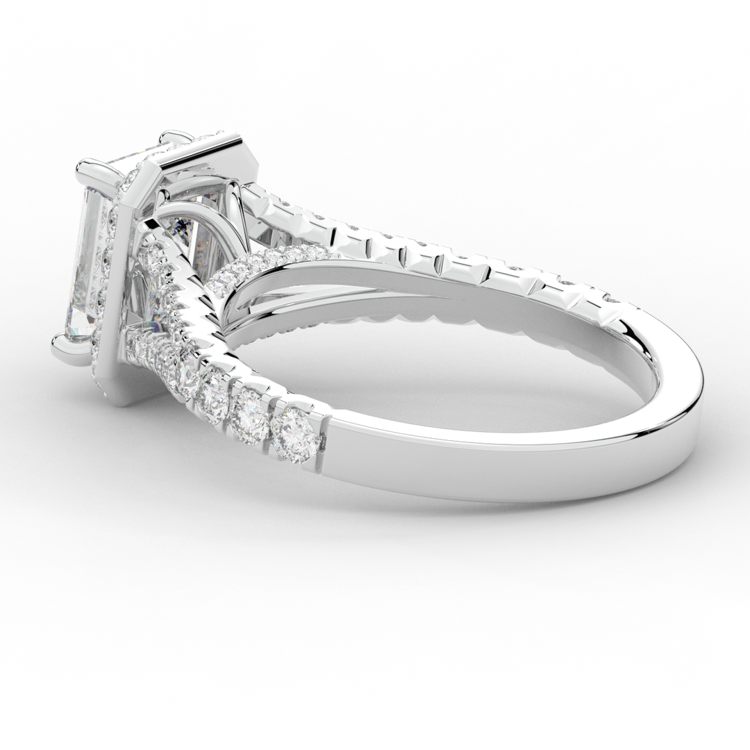 2.60CT.TW EMERALD CUT LAB DIAMOND SPLIT SHANK HALO ENGAGEMENT RING - Nazarelle