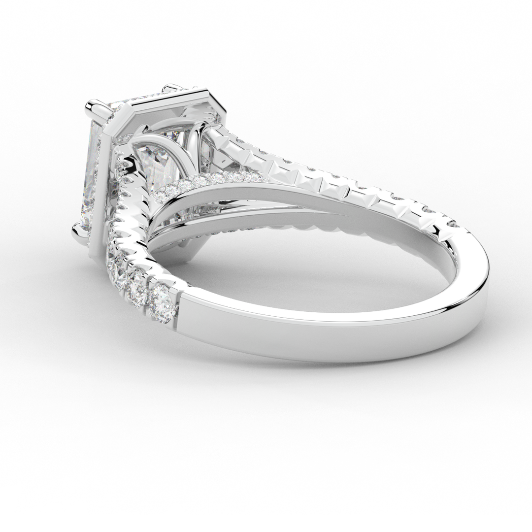 2.60CT.TW EMERALD CUT LAB DIAMOND SPLIT SHANK HALO ENGAGEMENT RING - Nazarelle
