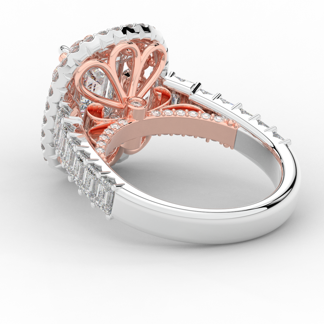 4.70CT.TW EMERALD CUT LAB DIAMOND DOUBLE HALO TWO TONE ENGAGEMENT RING - Nazarelle