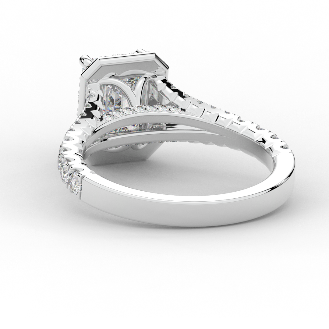 2.60CT.TW EMERALD CUT LAB DIAMOND SPLIT SHANK HALO ENGAGEMENT RING - Nazarelle
