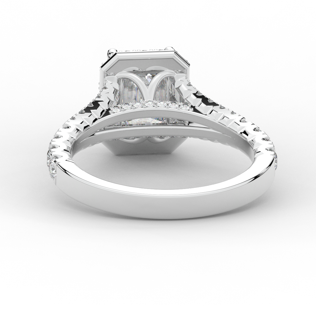 2.60CT.TW EMERALD CUT LAB DIAMOND SPLIT SHANK HALO ENGAGEMENT RING - Nazarelle