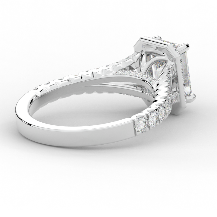 2.60CT.TW EMERALD CUT LAB DIAMOND SPLIT SHANK HALO ENGAGEMENT RING - Nazarelle