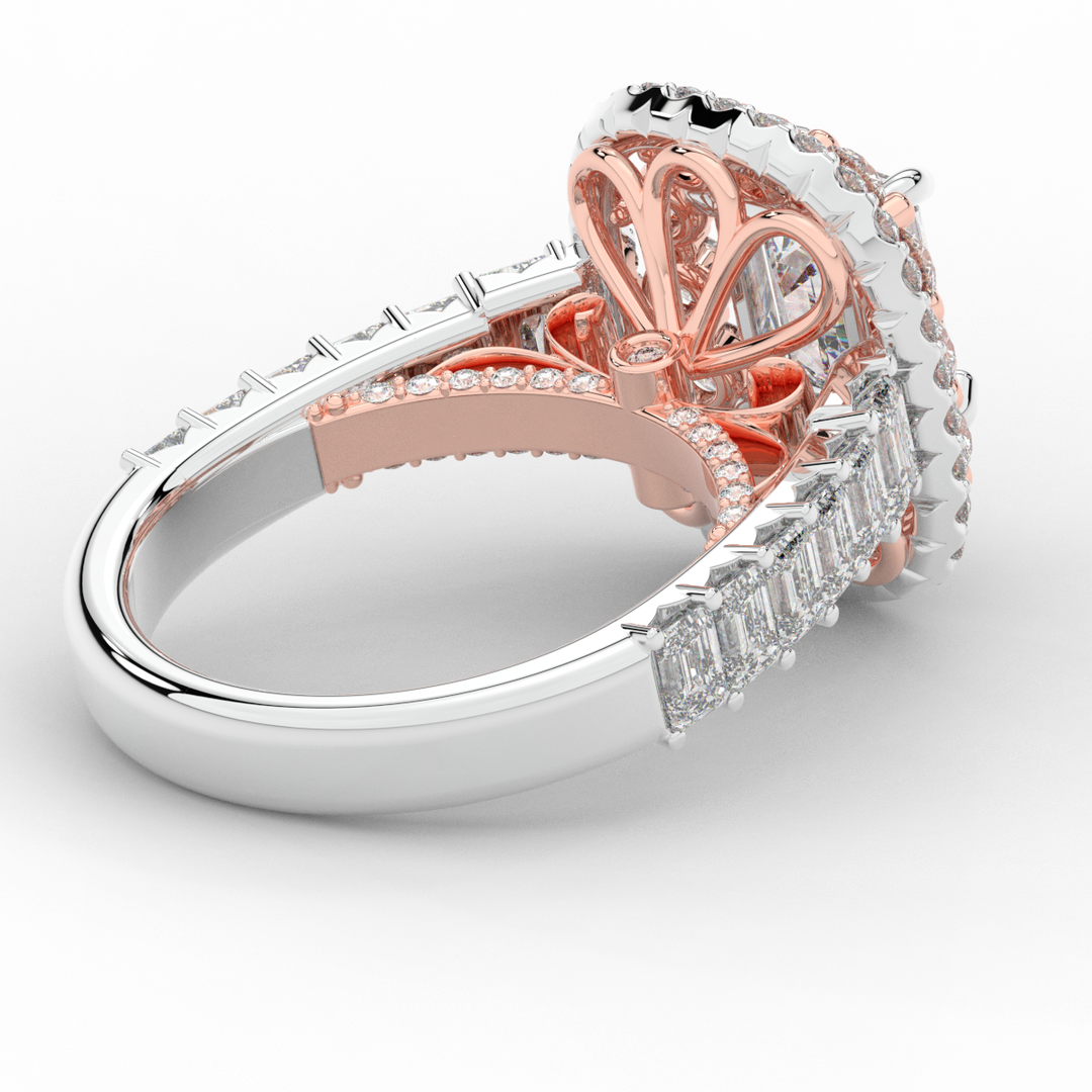 4.70CT.TW EMERALD CUT LAB DIAMOND DOUBLE HALO TWO TONE ENGAGEMENT RING - Nazarelle