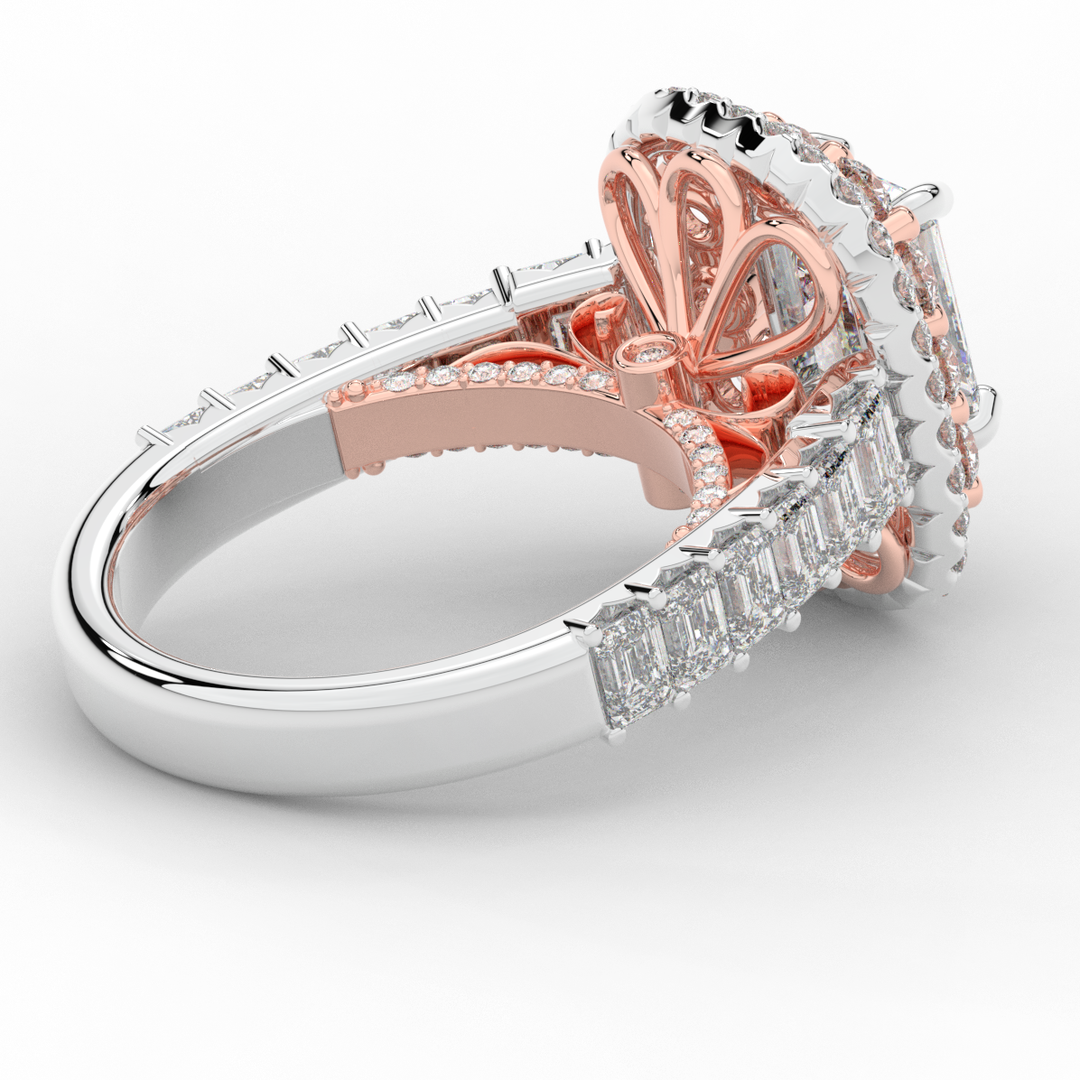 4.70CT.TW EMERALD CUT LAB DIAMOND DOUBLE HALO TWO TONE ENGAGEMENT RING - Nazarelle