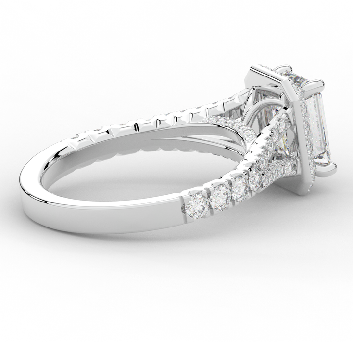 2.60CT.TW EMERALD CUT LAB DIAMOND SPLIT SHANK HALO ENGAGEMENT RING - Nazarelle