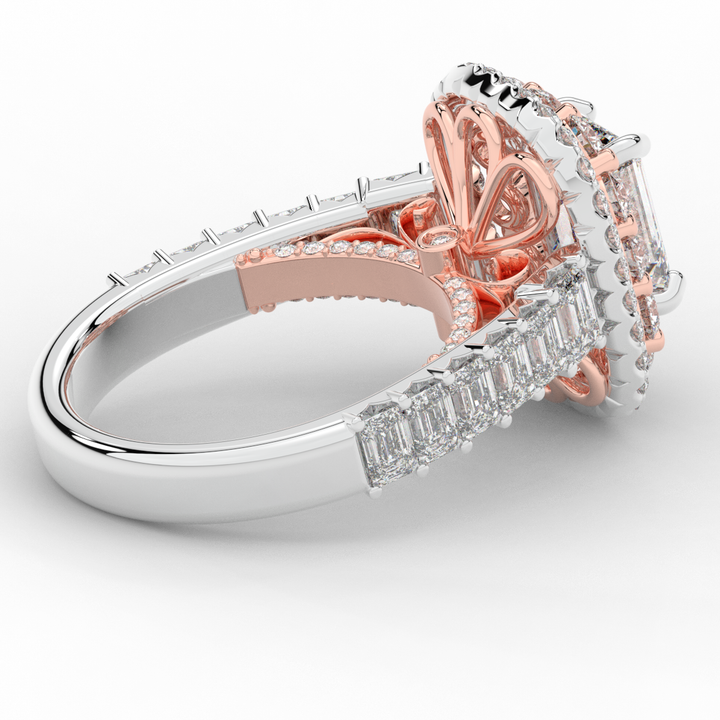 4.70CT.TW EMERALD CUT LAB DIAMOND DOUBLE HALO TWO TONE ENGAGEMENT RING - Nazarelle