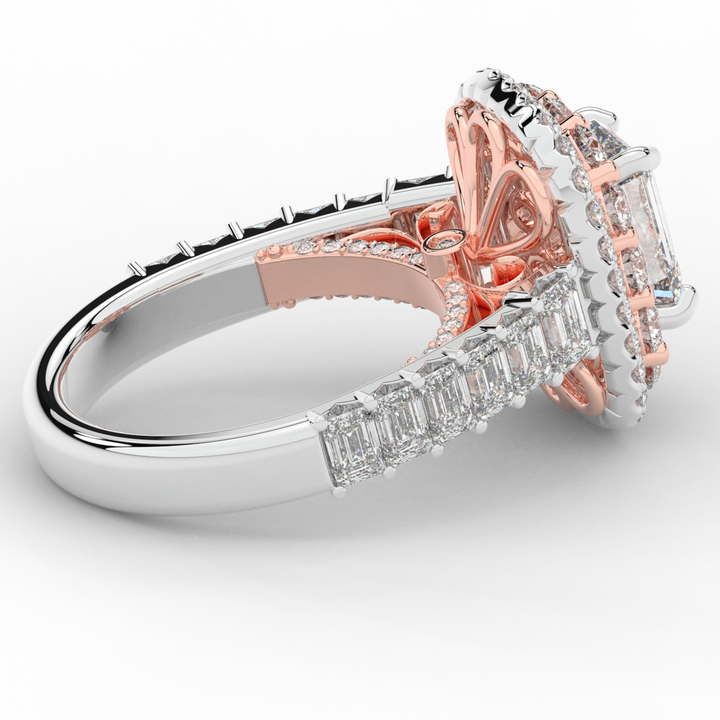 4.70CT.TW EMERALD CUT LAB DIAMOND DOUBLE HALO TWO TONE ENGAGEMENT RING - Nazarelle