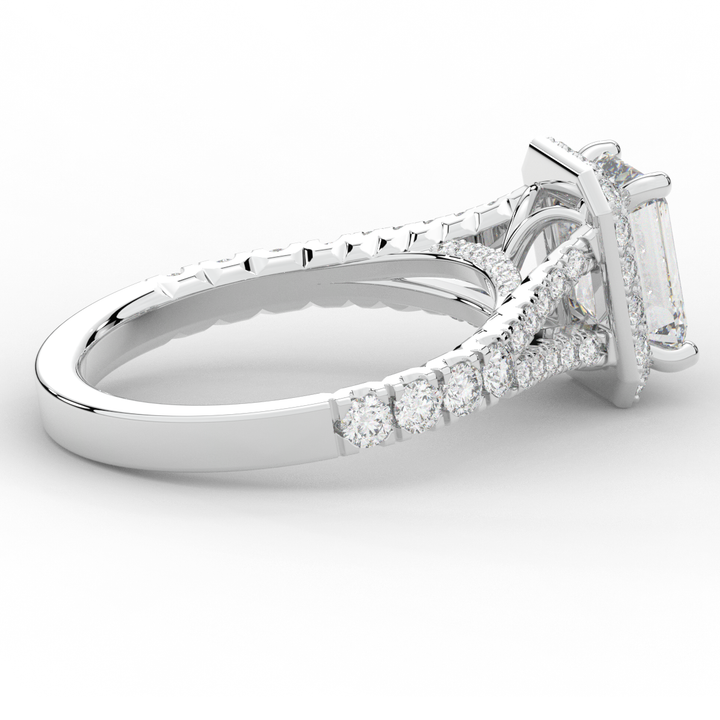 2.60CT.TW EMERALD CUT LAB DIAMOND SPLIT SHANK HALO ENGAGEMENT RING - Nazarelle