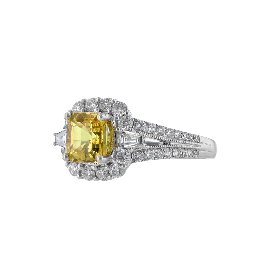 Yellow Sapphire Split Shank Halo Diamond Ring