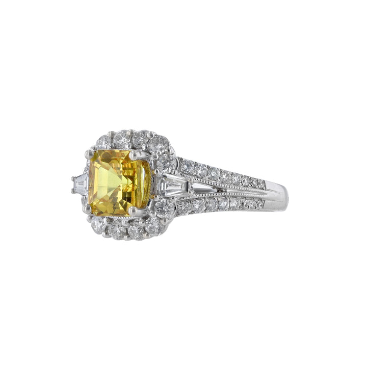 Yellow Sapphire Split Shank Halo Diamond Ring