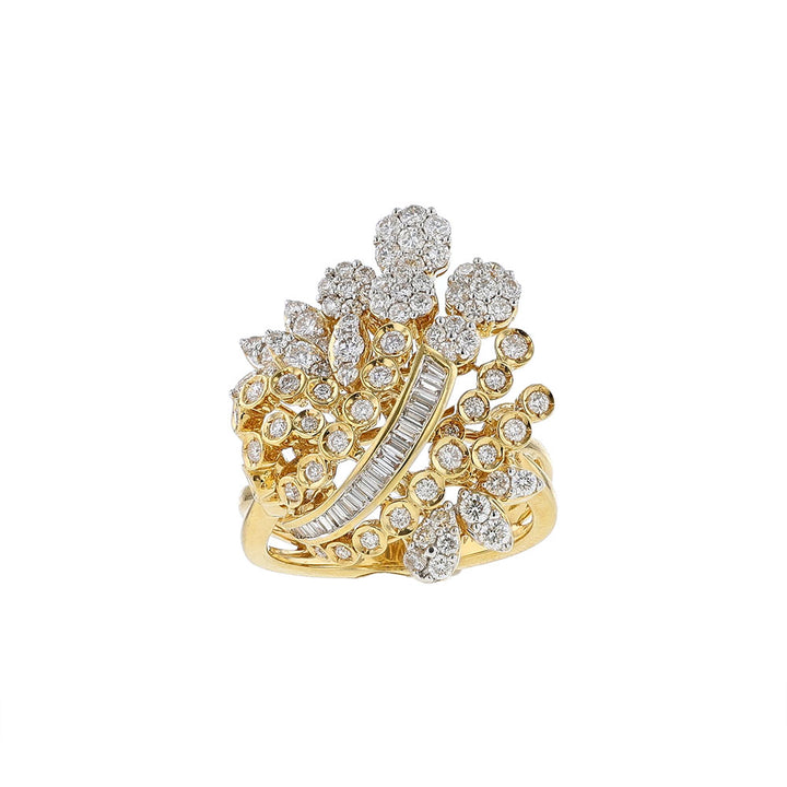 18K Yellow Gold Round Baguette Strip Cocktail Ring