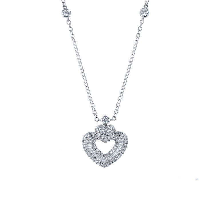Round Baguette Diamond Double Heart Pendant