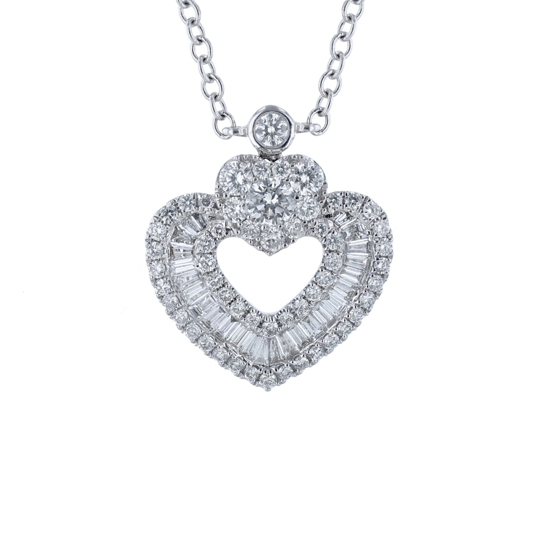 Round Baguette Diamond Double Heart Pendant