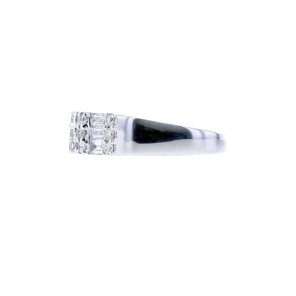 18K White Gold Three Row Round Baguette Diamond Ring