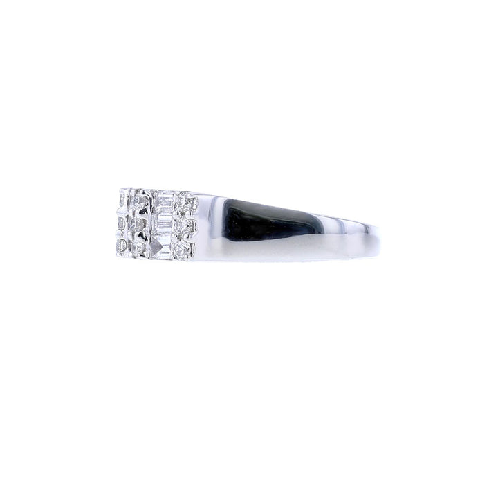 18K White Gold Three Row Round Baguette Diamond Ring