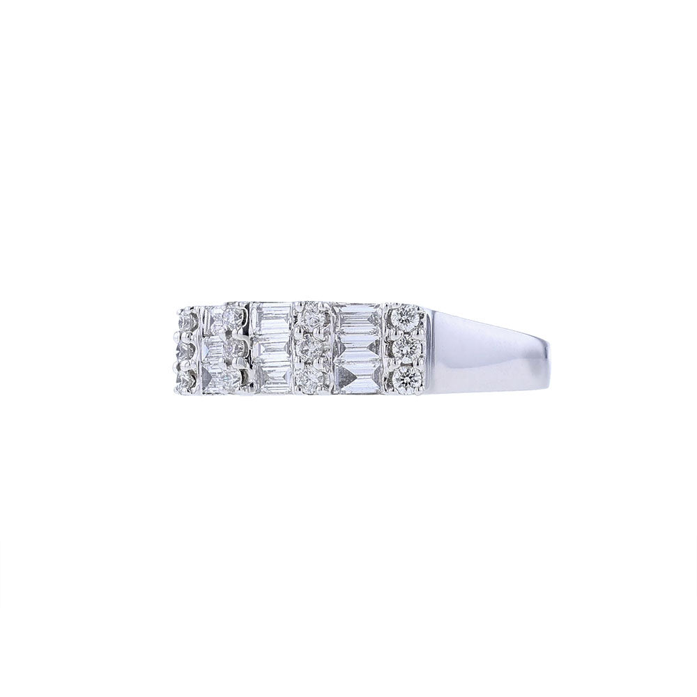 18K White Gold Three Row Round Baguette Diamond Ring