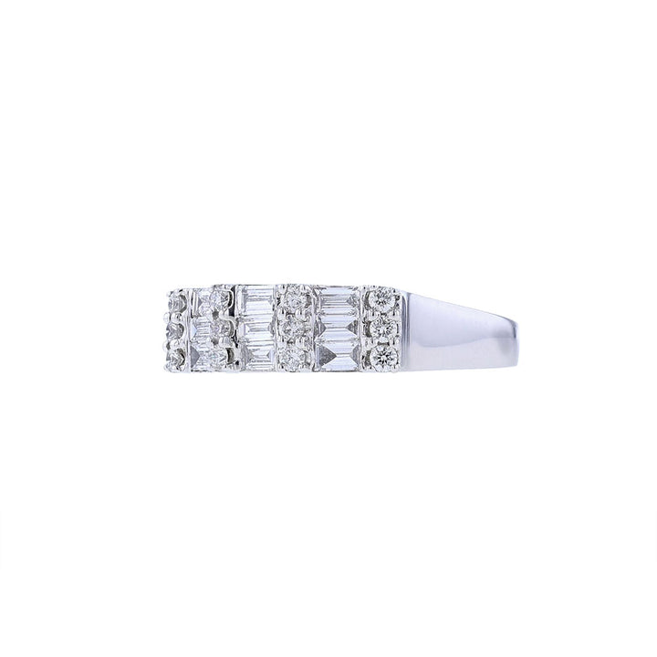 18K White Gold Three Row Round Baguette Diamond Ring