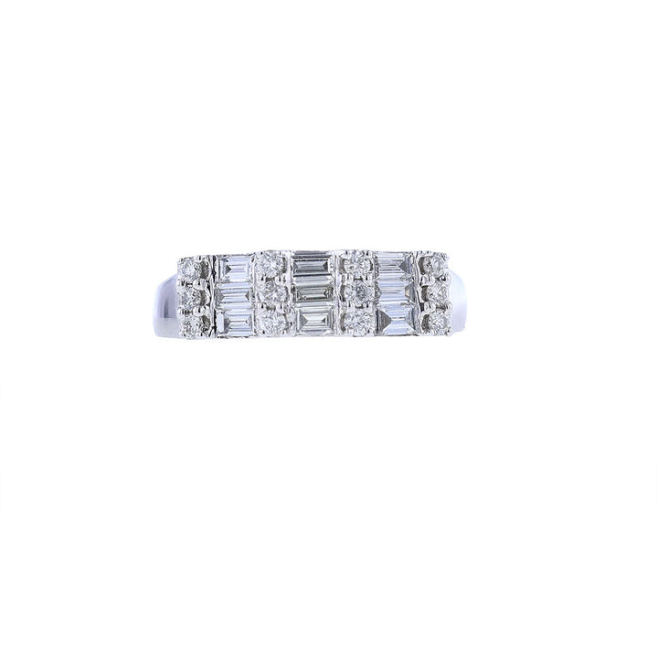 18K White Gold Three Row Round Baguette Diamond Ring