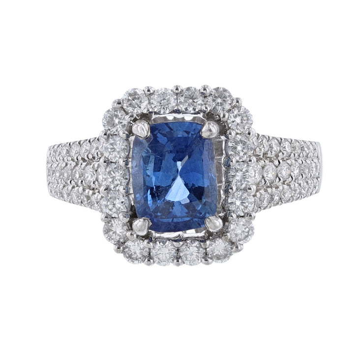 Cushion Cut Blue Sapphire Diamond Halo Ring