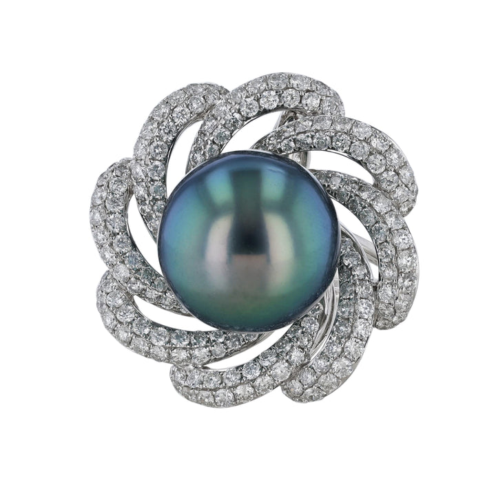 Blue Grey South Sea Pearl Diamond Floral Ring