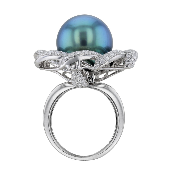 Blue Grey South Sea Pearl Diamond Floral Ring