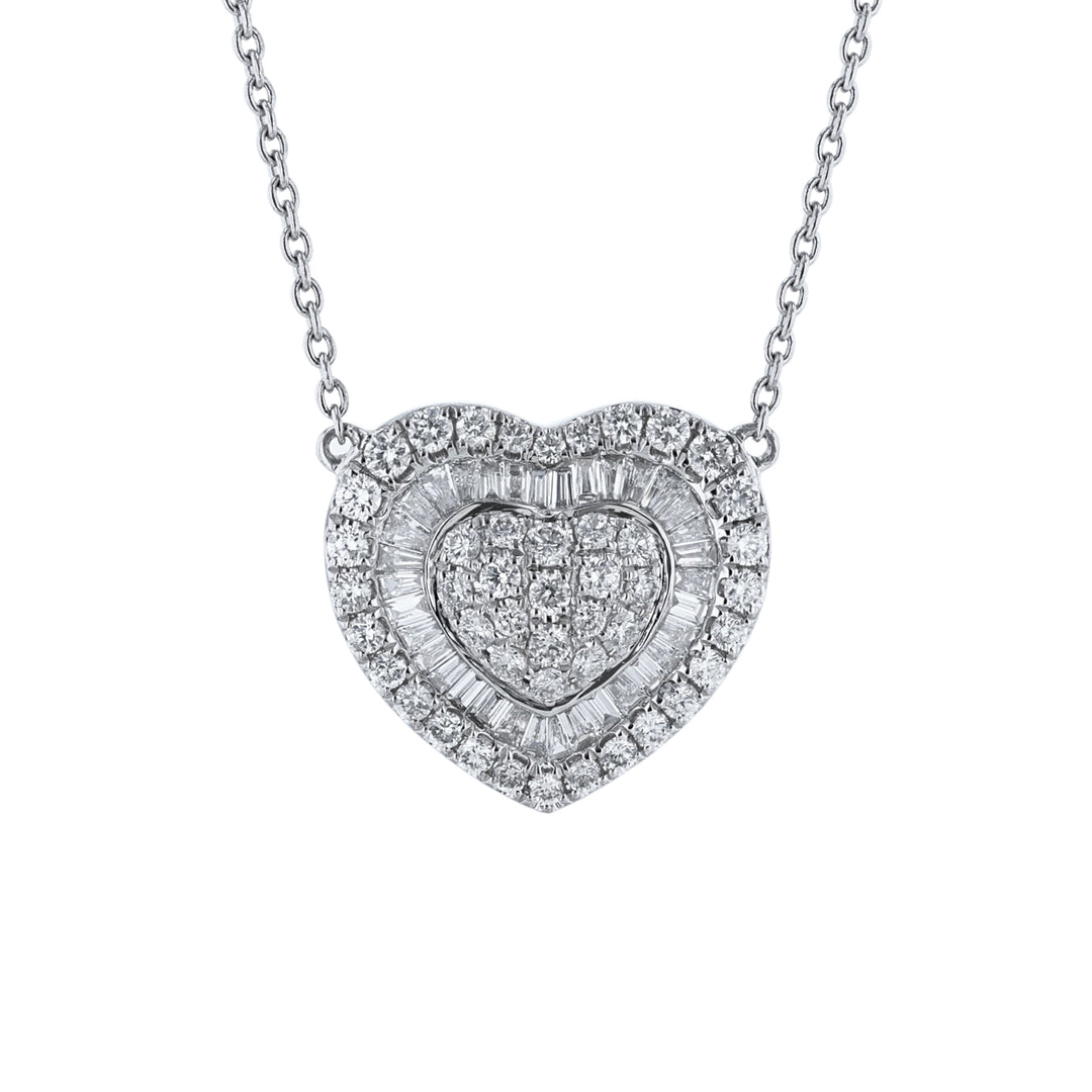 Round Baguette Cluster Diamond Heart Necklace