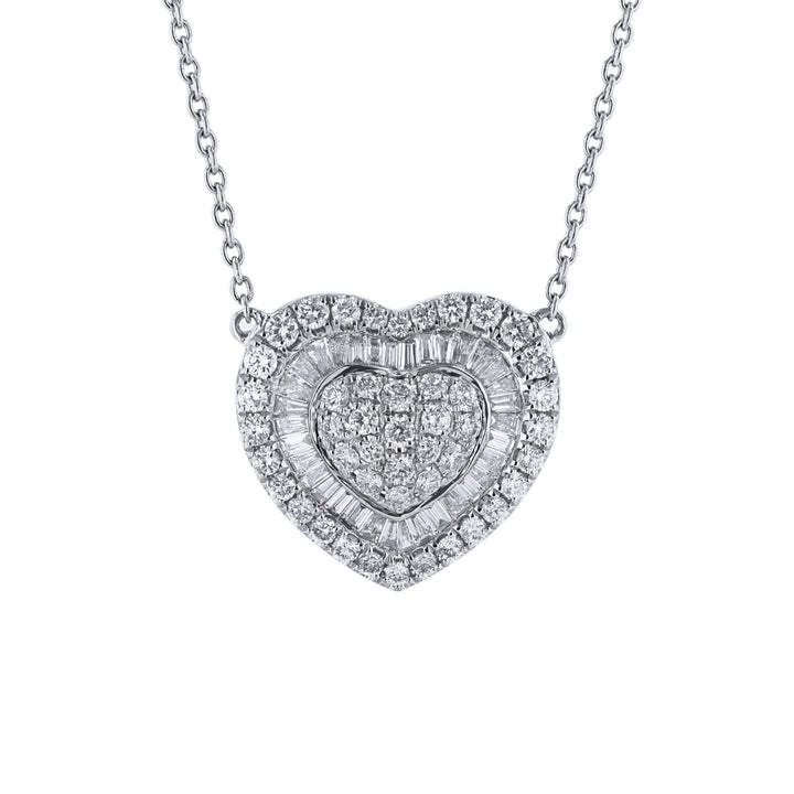 Round Baguette Cluster Diamond Heart Necklace