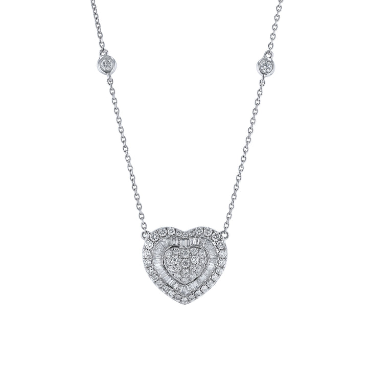 Round Baguette Cluster Diamond Heart Necklace