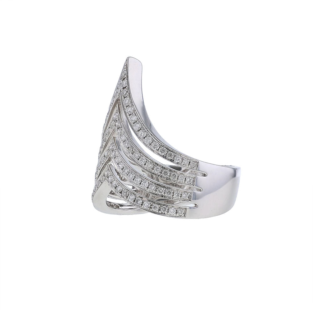 18K White Gold Four Row Diamond Chevron Stacked Ring