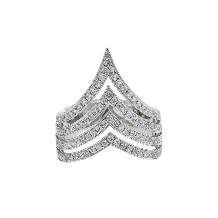 18K White Gold Four Row Diamond Chevron Stacked Ring