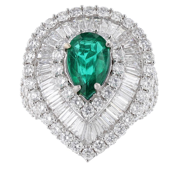 18K White Gold Pear Emerald and Diamond Ring
