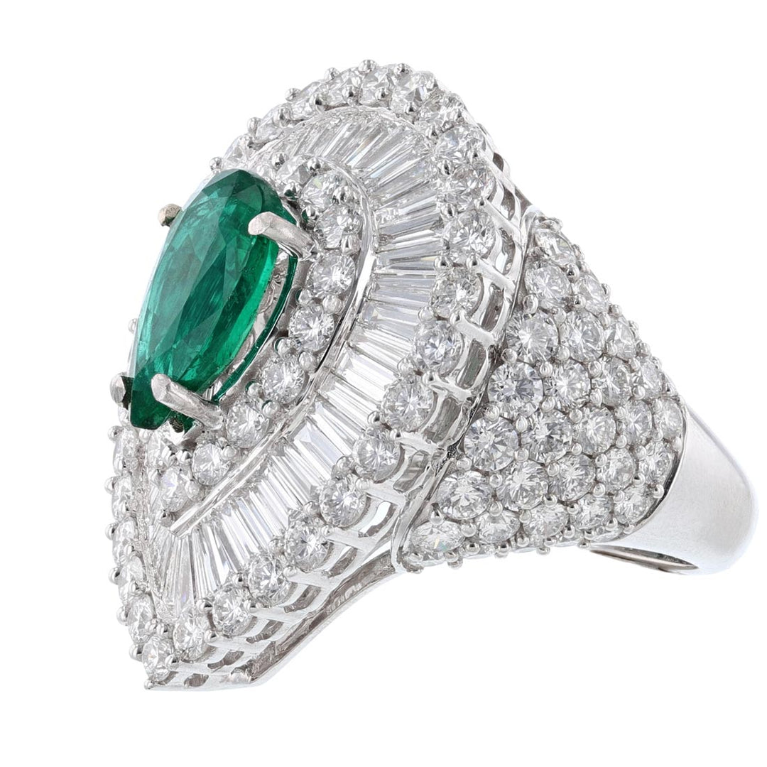 18K White Gold Pear Emerald and Diamond Ring