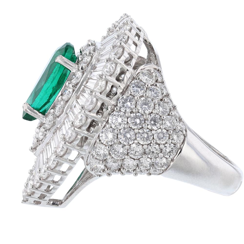 18K White Gold Pear Emerald and Diamond Ring
