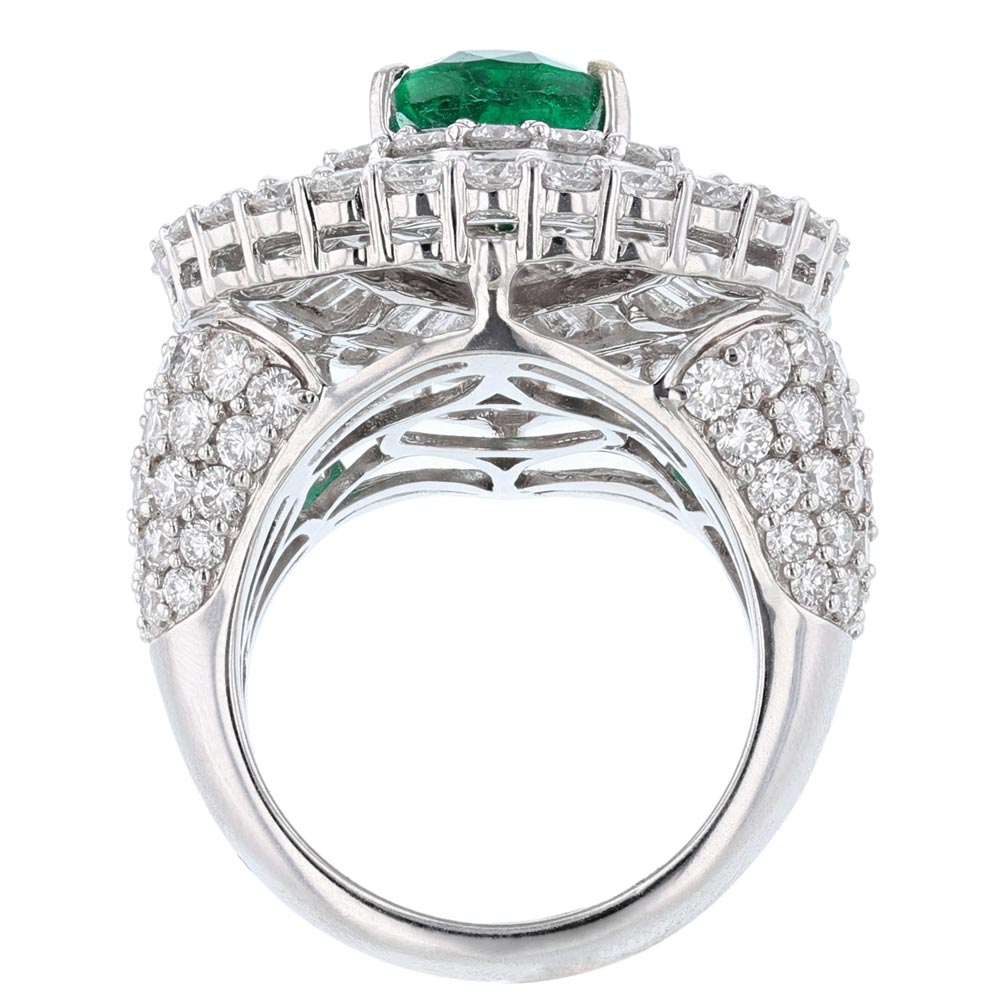 18K White Gold Pear Emerald and Diamond Ring