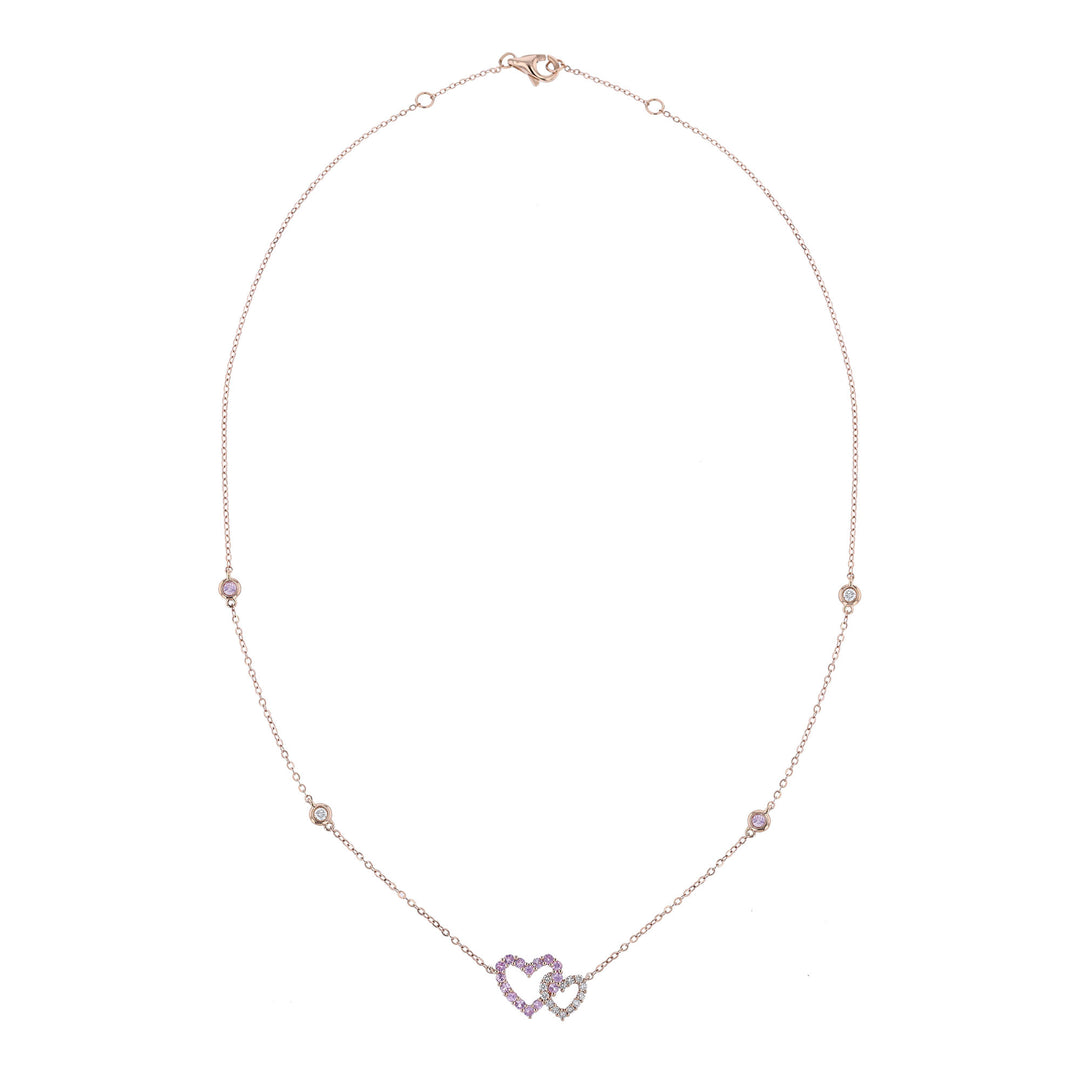 Double Heart Station Necklace, Pink Sapphire