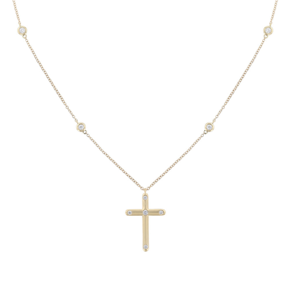 18K Yellow Gold Bezel Diamond Cross Necklace