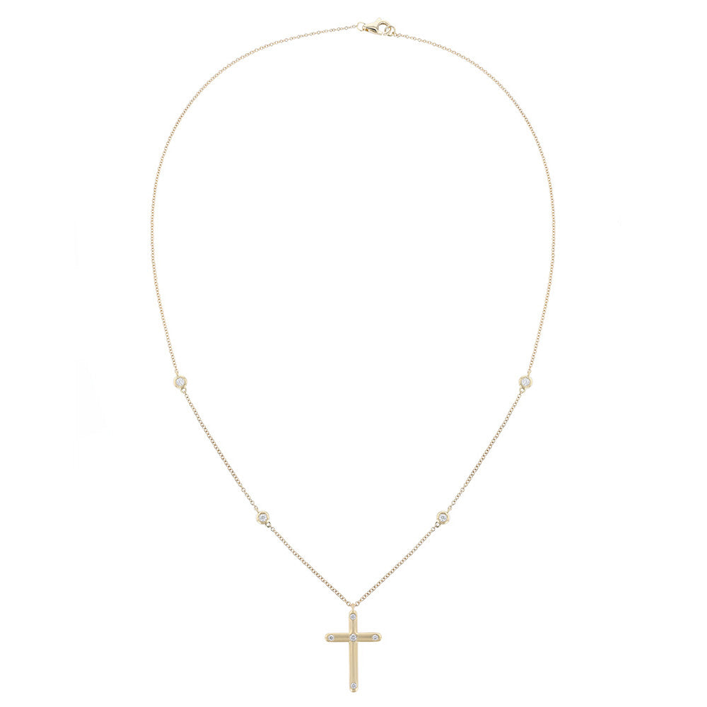 18K Yellow Gold Bezel Diamond Cross Necklace
