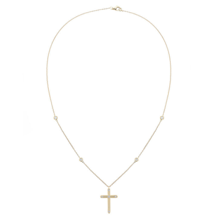 18K Yellow Gold Bezel Diamond Cross Necklace