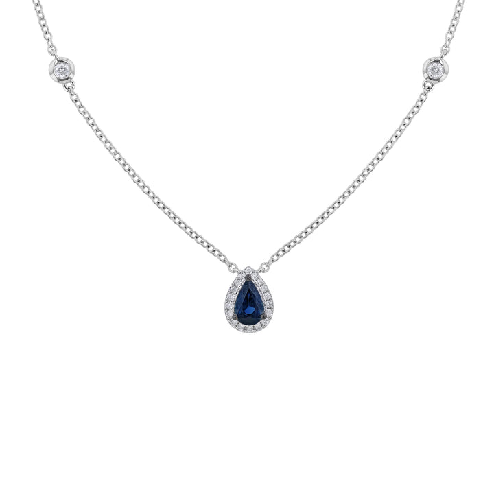 Pear Blue Sapphire with Diamond Halo Necklace