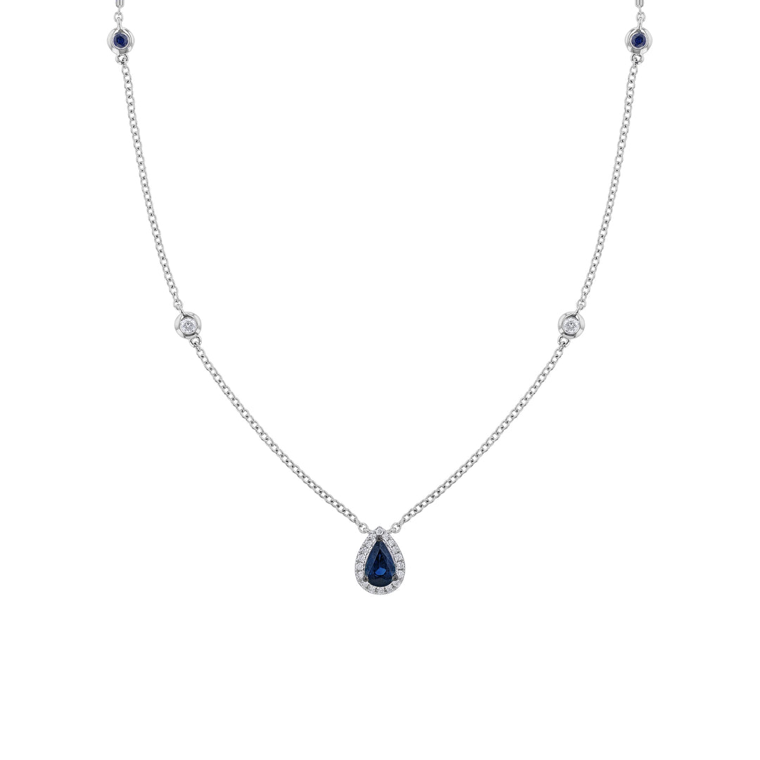 Pear Blue Sapphire with Diamond Halo Necklace