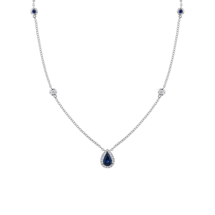 Pear Blue Sapphire with Diamond Halo Necklace
